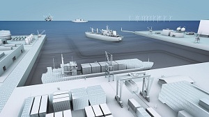 Zeichnung einer Hafenanlage für Containerschiffe