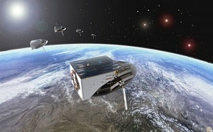Satelliten im Weltall; die Erde im Hintergrund