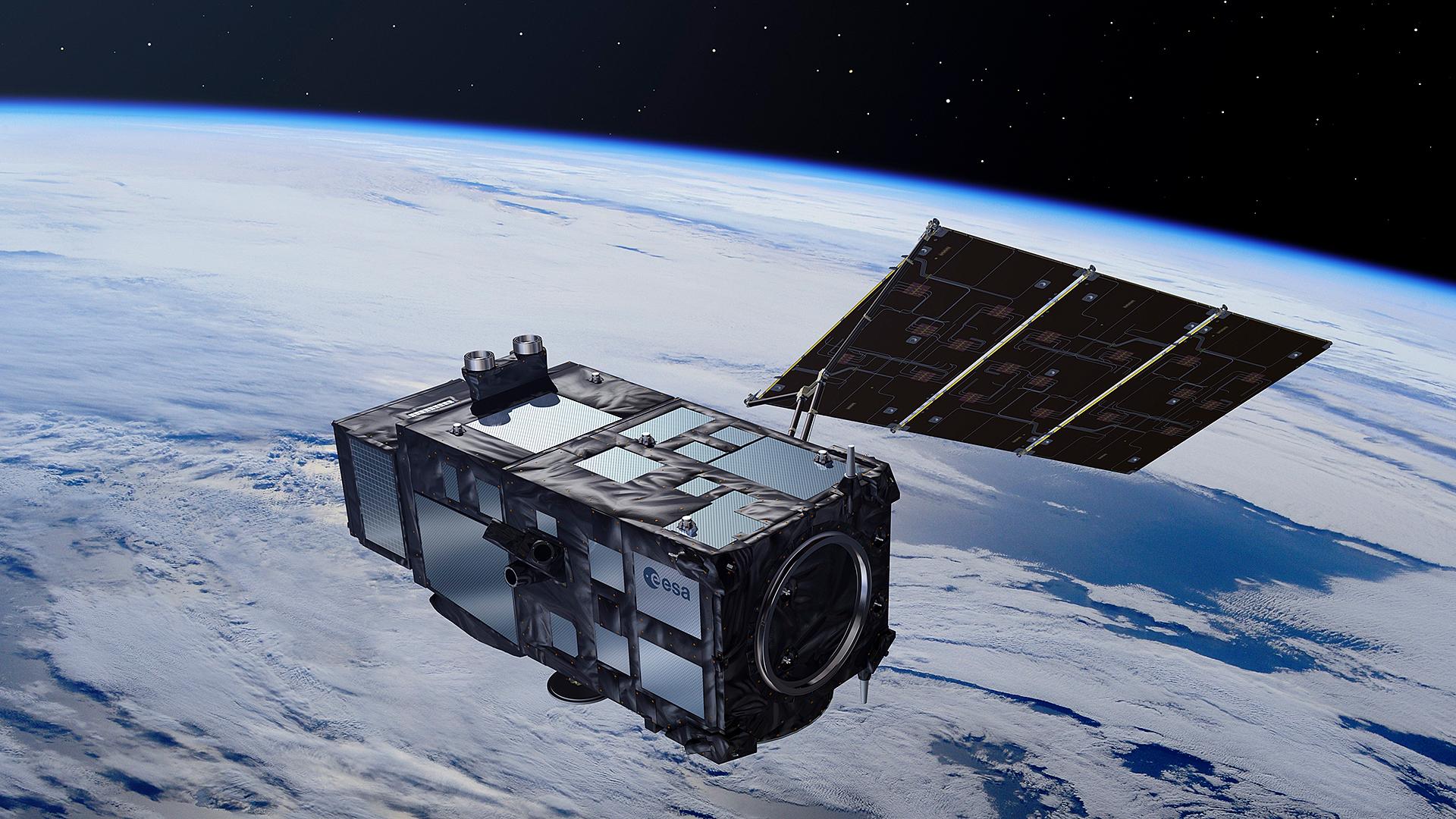 Darstellung eines Satelliten mit Blick zur Erde