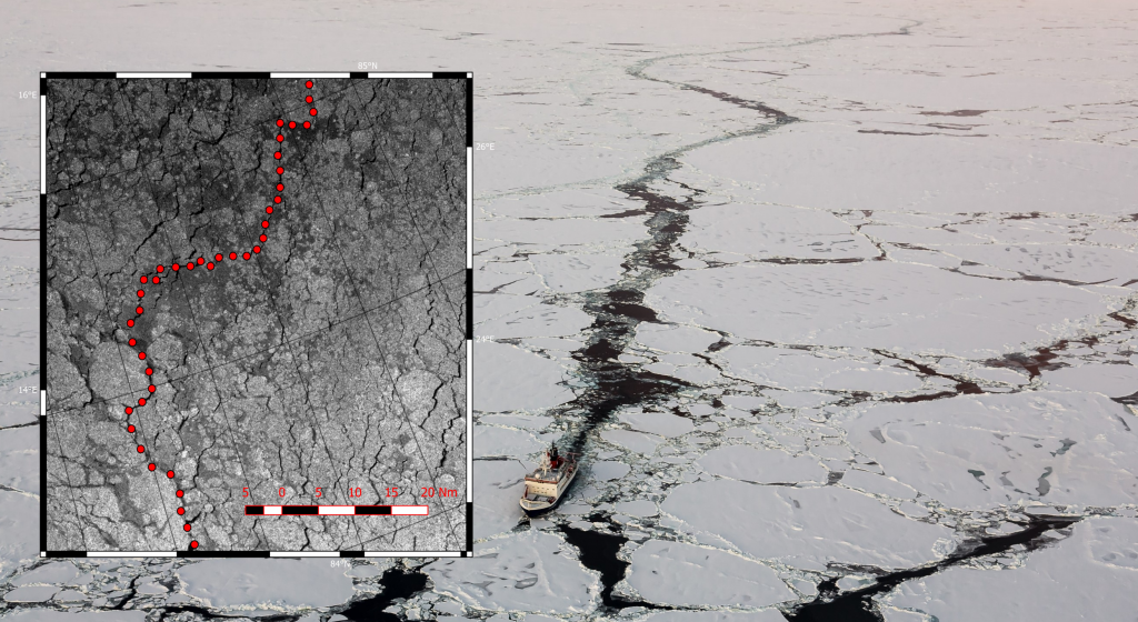 Luftaufnahme des Forschungsschiffs Polarstern in der Arktis