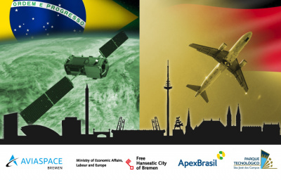 Eine Collage aus Elementen der Luft- und Raumfahrt, Bremen und Brasilien.