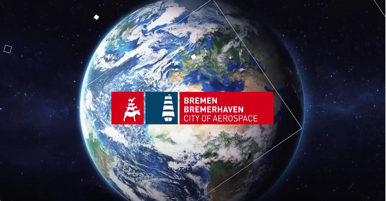 Die Erde ist zu sehen und davor ein Banner mit dem Logo von Bremen Bremerhaven City of Aerospace